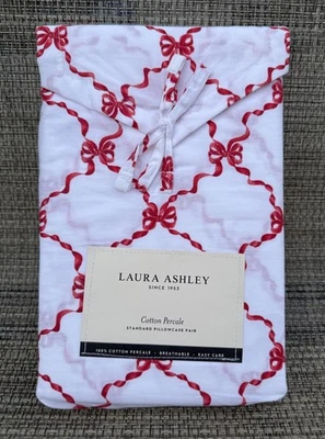 Laura Ashley Bow Ribbon Red Cotton Percale STANDARD Pillowcase Set 2pc - Image 1 of 4