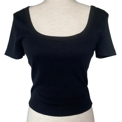 NUEVO HILO UNIVERSAL Negro Acanalado Cuello Redondo Top Talla Pequeña Elástico Foto 1 de 4