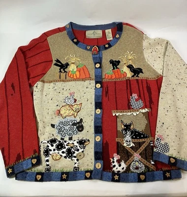 Design Options by Phillip and Jane Gordon Fall Cow Sheep Cardigan Sz M - Image 1 of 4