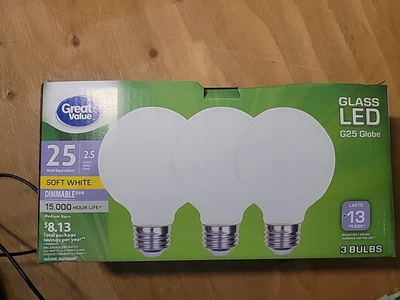 3 pack Great Value 25 watt, 2.5 watts used, soft white, glass LED Dimmable - Image 1 of 3