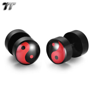 TT 8/10mm Ying & Yang Epoxy UV Acrylic Fake Ear Plug Earrings (BU06) NEW