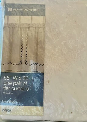 NIP White 58 x 36" Tier Set Curtains ESSENTIAL HOME - Image 1 of 2