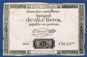 FRANCE.ASSIGNAT 10 LIVRES du 24 OCTOBRE 1792 signature TAISAUD Série 10 13625 me - Picture 1 of 2