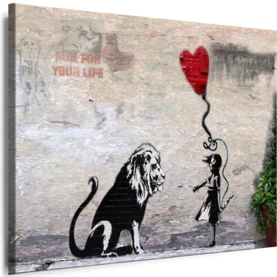 WANDBILDER BANKSY GRAFFITI Mädchen Löwe LEINWAND XXL VERSCHIEDENE Kunstdruck - Bild 1 von 2