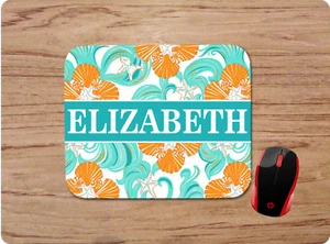 LILLY INSPIRED TEAL SEASHELL PRINT PERSONALIZED NAME MOUSE PAD HOME OFFICE GIFT - Picture 1 of 1