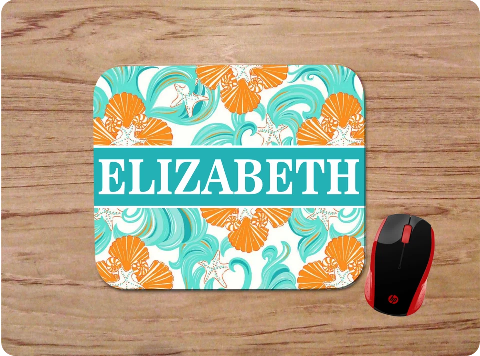 LILLY INSPIRED TEAL SEASHELL PRINT PERSONALIZED NAME MOUSE PAD HOME OFFICE GIFT - Image 1 of 1