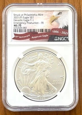 2021 P Silver Heraldic Eagle T-1 Emergency Production $1 Dollar NGC MS70 Mint - Image 1 of 2