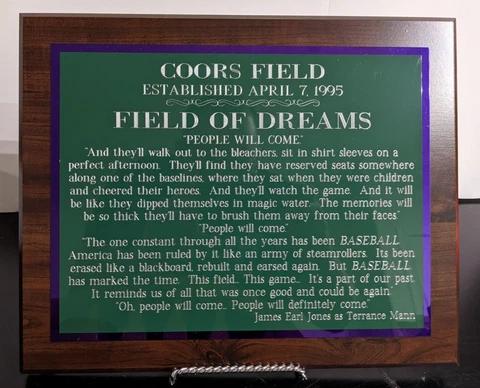 Colorado Rockies Coors Field Inauguration Plaque 13"x10.5" Baseball Memorabilia Cover