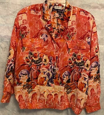 Винтажный 90-х женщин шелк Bomber куртка все над печать карманы Natalie и меня sz L - Изображение 1 из 4