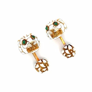 David Webb 18K Yellow Gold White Enamel Emerald Eyed Lion Head Cufflinks - Picture 1 of 7