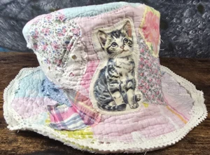 OOAK Magnolia Boho Indie Gypsy Top Hat Floppy Quilted Cat Art Adjustable L 24" - Bild 1 von 21