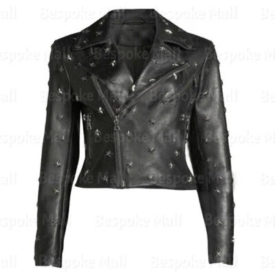 New Women's Punk Silver Star Studded Biker Cowhide Antique Leather Jacket-178 - Image 1 of 4