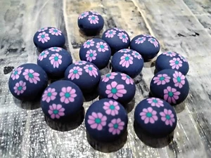 HMade Polymer Clay, Flat Round with Flower, Midnight Blue,  12x8.5mm, 10 pce - Bild 1 von 2