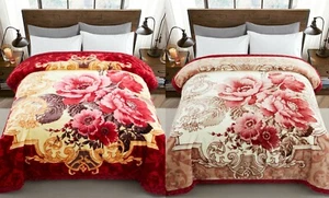 Printed Reversible Oversized Fluffy Soft Warm Mink Floral Blanket, Red Flower - Picture 1 of 8