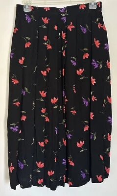 Vtg Norton McNaughton Petites Black Red Purple Floral Elastic Waist Midi Skirt - Image 1 of 4