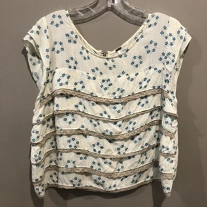 Free People Women's Cream Floral Print with Lace layers Blouse Sz M (E1275) - Picture 1 of 7