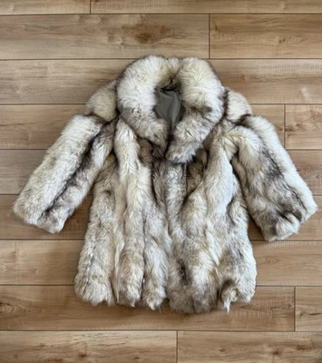 AUTÉNTICO ABRIGO DE PIEL DE ZORRO PLATEADO de Saga Fox longitud media vintage grande pesado años 80 Foto 1 de 4