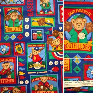 Teddy Bear Fabric All Star Teddies Playing Baseball Cotton Cranston VIP 63” - Picture 1 of 4