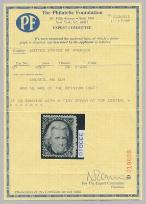 US Sc# 87 *MINT NO GUM { 2c BLACK JACK W/ PF CERT } SCARCE "E GRIL 1867 CV$ 700 - Image 1 of 3