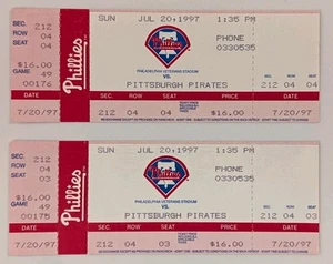 (2) Philadelphia Phillies vs Pittsburgh Pirates Tickets 7/20/1997 Unusued - Picture 1 of 2