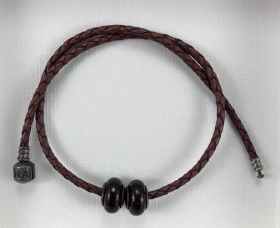 Collar de cuero trenzado Pandora genuino con cuentas de madera 15,75 pulgadas 925 ALE retirado Foto 1 de 4