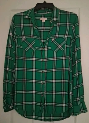*Merona* Camisa abotonada para mujer, talla pequeña, verde blanco a cuadros, manga larga Foto 1 de 4