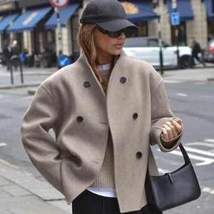 Brown French Style V-Neck Double-Breasted Woolen Coat New Autumn Suit Coat - Picture 1 of 17