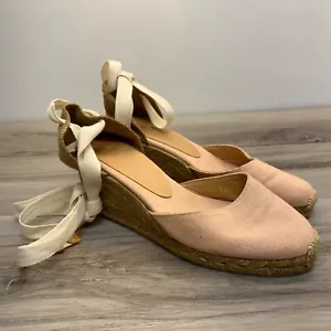 Castaner Dusty Rose Pink Espadrille Carina Wedge Womens Size 38 - 7.5 Ankle Wrap - Picture 1 of 12