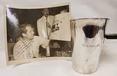 Original Signed Perry Como Photo and Engraved Cocktail Mixer Gifts to Nickolas Cover