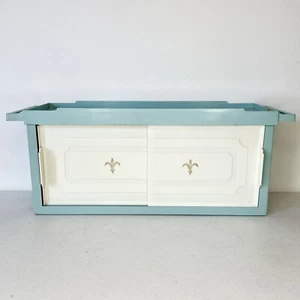 Vintage MCM Blue Plastic Bathroom Medicine Cabinet Sliding White Doors Storage - Picture 1 of 20