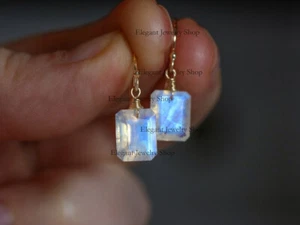 14k Solid Gold Rainbow Moonstone Hook Earrings Handmade Fine Jewelry - Picture 1 of 7