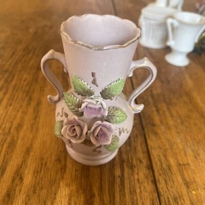 Vintage Arnart Japan Bisque Vase with Raised Roses and Dual Handles 4.5” Purple - Picture 1 of 6