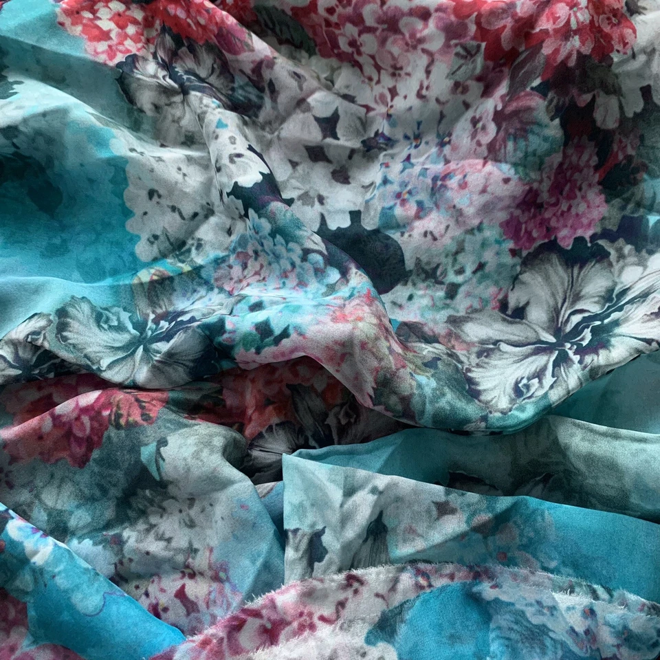 100% Silk Chiffon Alta Moda Turquoise/Pink Floral 1.1X 1.35m Rem,Dress,Scarf E90 - Image 1 of 2