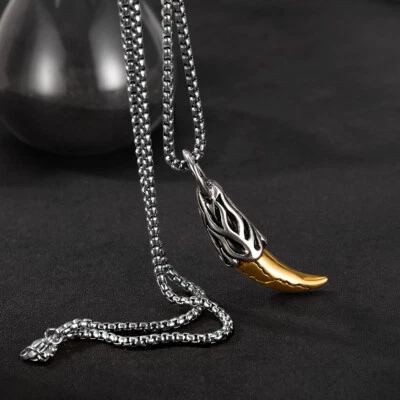 Men's Nordic Wolf Teeth Stainless Steel Double sided Rune Pendant Necklace Gift - Image 1 of 4