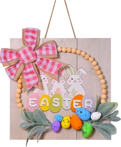 3D Easter Bunny Rabbit Eggs Welcome Front Door Sign Wood Door Hanger Wooden Wrea - Picture 1 of 12