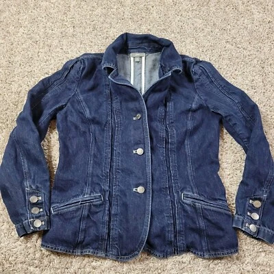 Chaqueta de mezclilla Jill para mujer 8 bolsillos utilitarios azules con botones desgastados lavado oscuro Foto 1 de 4