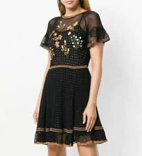 Red Valentino US 4- 6 Black Stretch Open-Knit Cotton Embroidered Flared Dress