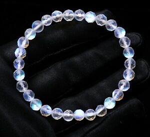 6mm Natural Burma Moonstone Rainbow Blue Light Beads Bracelet AAAA