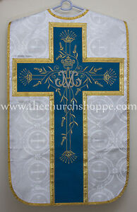 Marian Blue With Silver Brocade Marian Chasuble Vestment Fiddleback 5pc mass set