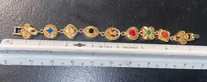Vintage Bracelet Heart, Art Nouveau Lady, Colorful Cabochons Goldtone 7 1/4" - Picture 1 of 12