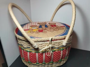 Vintage 80’s Wicker Sewing Basket W/ Insert Primary Colors Bears 13 x 9 x 8 Oval - Picture 1 of 12