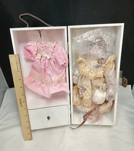 Vtg Wooden Stenciled Doll Case/Trunk w Victorian Porcelain 12" Doll & Clothes - Picture 1 of 9