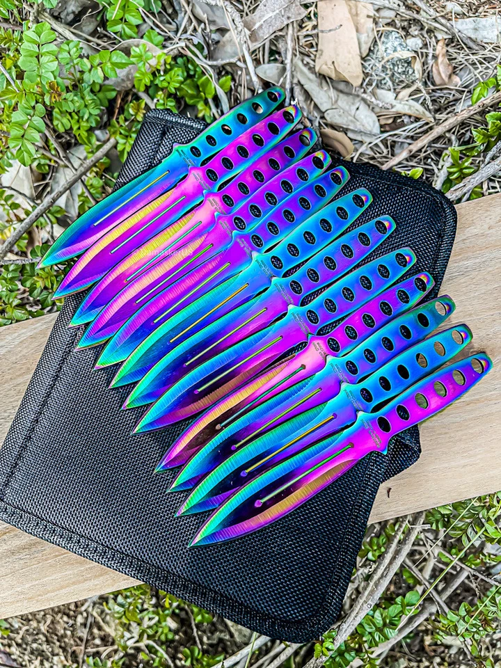 12pc Rainbow Ninja Throwing Knives Set Combat Naruto Kunai Hunting Knife Sheath - Image 1 of 1