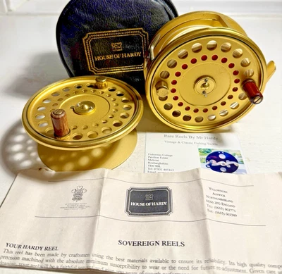 Carrete y carrete Hardy Gold Sovereign 11/12 Spey Salmon Fly con línea y estuches Foto 1 de 4
