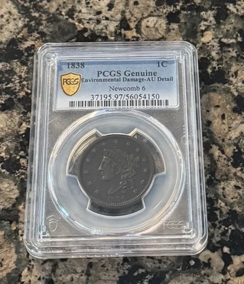 1838 Large Cent PCGS AU Details Genuine Rare N-6 Die Variety – – Early Penny - Image 1 of 2