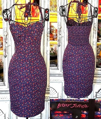Vintage Betsey Johnson Y2K Blue Floral Cotton Cottage Milkmaid Slip Dress Sz 2 S - Image 1 of 4