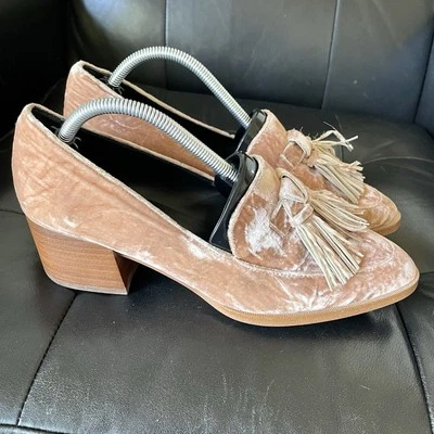 Rebecca Minkoff Edie Shoes 8.5 M Blush Pink Velvet Loafers Tassels Block Heel - Image 1 of 4
