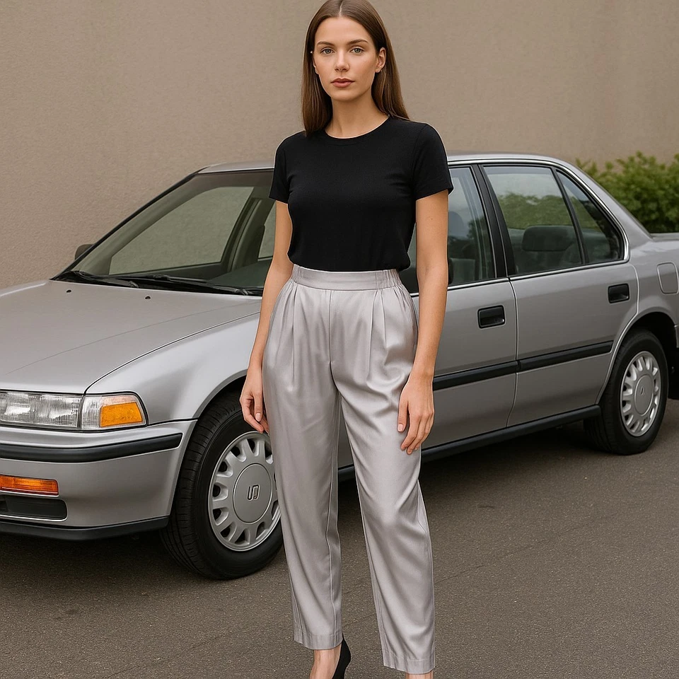 Pantalones vintage Jaclyn Smith talla 8 cintura alta plisados satén plateados  Foto 1 de 4