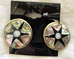 Pendientes de clip gruesos vintage de plata mexicana abulón fregona y estrellas de ónix negro - Imagen 1 de 3