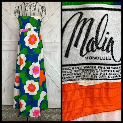 70's Vintage Malia Honolulu Blue Neon Pink Green Hawaiian Hostess Maxi Sundress - Image 1 of 4